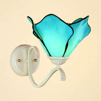 Lisslune | Blue Petal Wall Mount Lighting Rustic Stained Glass 1 Light Wall Lamp for Bathroom