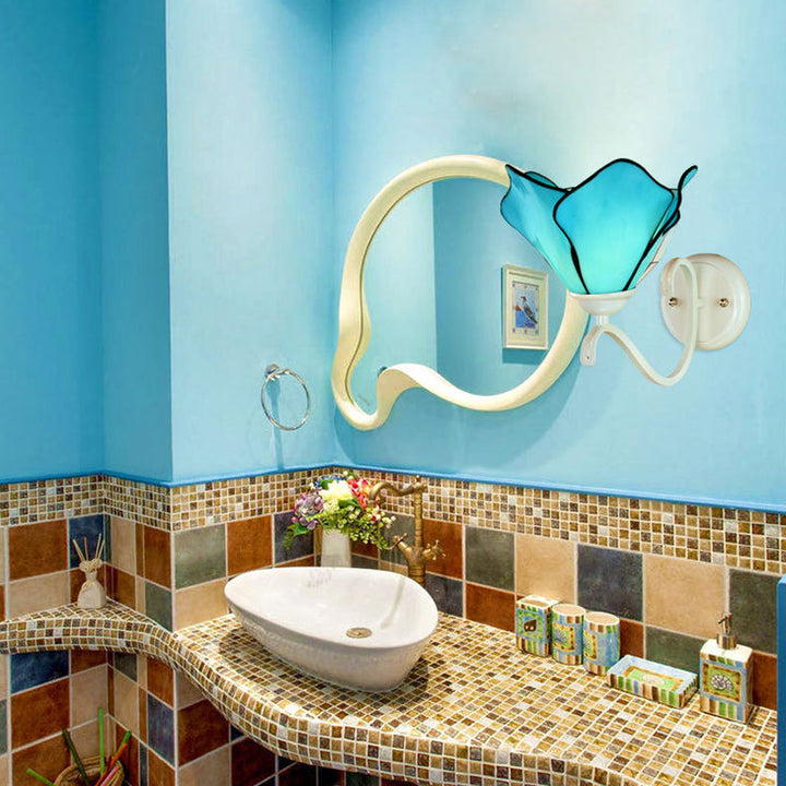 Lisslune | Blue Petal Wall Mount Lighting Rustic Stained Glass 1 Light Wall Lamp for Bathroom
