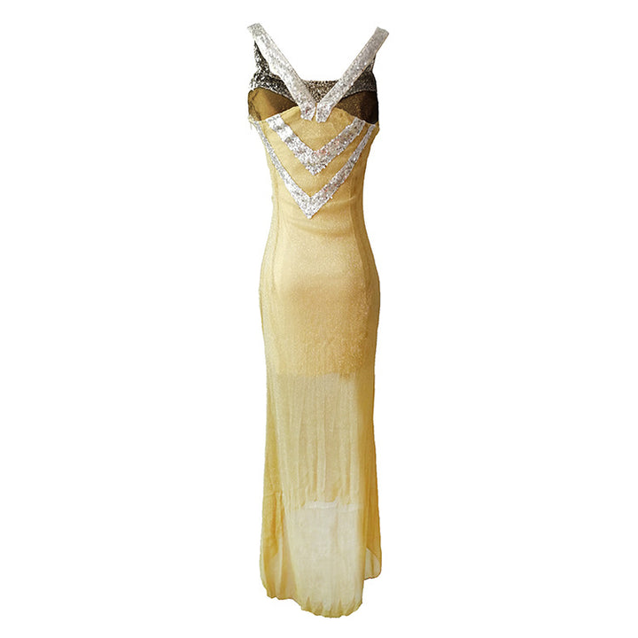 Ladies Glittering Evening Dress with Refined V-Neck and Flared Hem Lisslune