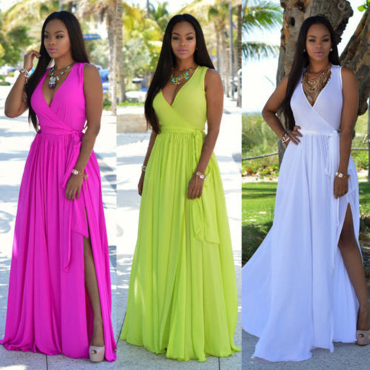 Women's maxi dress with deep V-neck and side slit