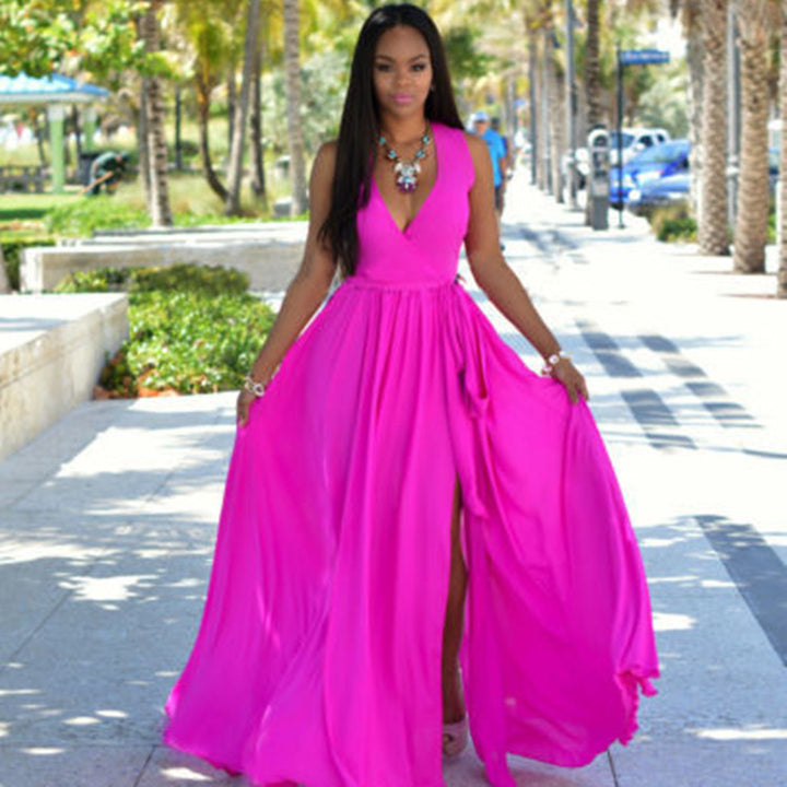 Women's maxi dress with deep V-neck and side slit