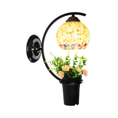 Lisslune | Globe Wall Lamp Tiffany Joined Glass 1 Head Beige Wall Fixture with Flower Decoration