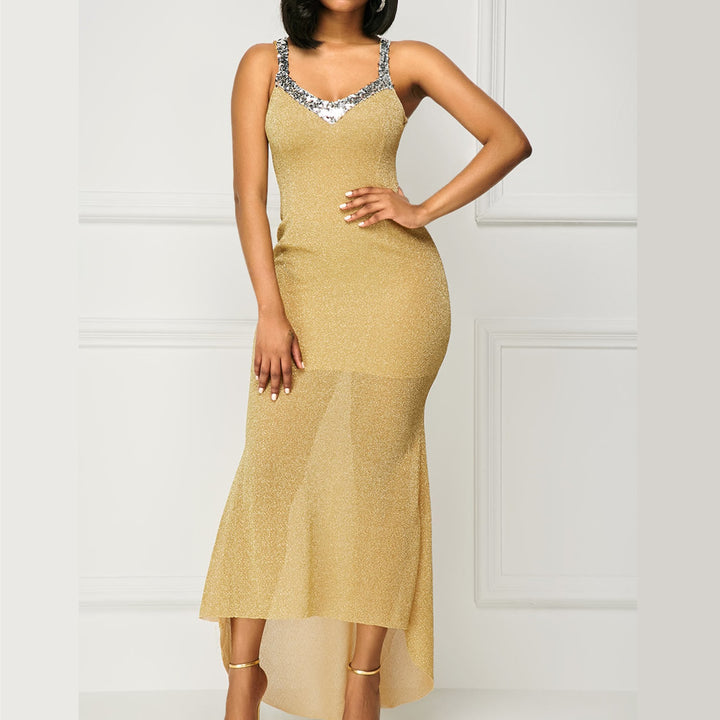 Ladies Glittering Evening Dress with Refined V-Neck and Flared Hem Lisslune