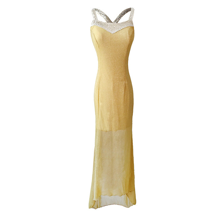 Ladies Glittering Evening Dress with Refined V-Neck and Flared Hem Lisslune