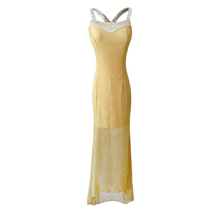 Ladies Glittering Evening Dress with Refined V-Neck and Flared Hem Lisslune