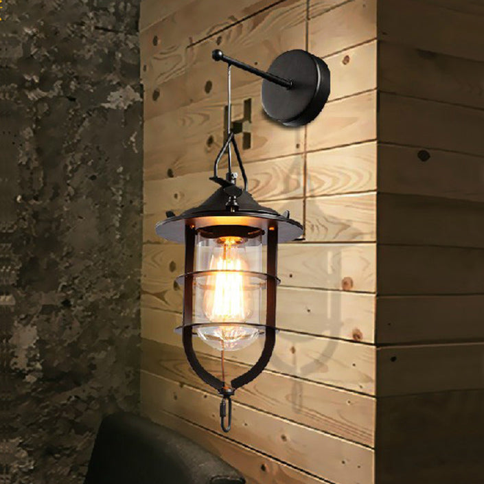 Lisslune | 1 Bulb Cage Wall-Mounted Light Fixture Industrial Black Clear Glass Lighting for Porch