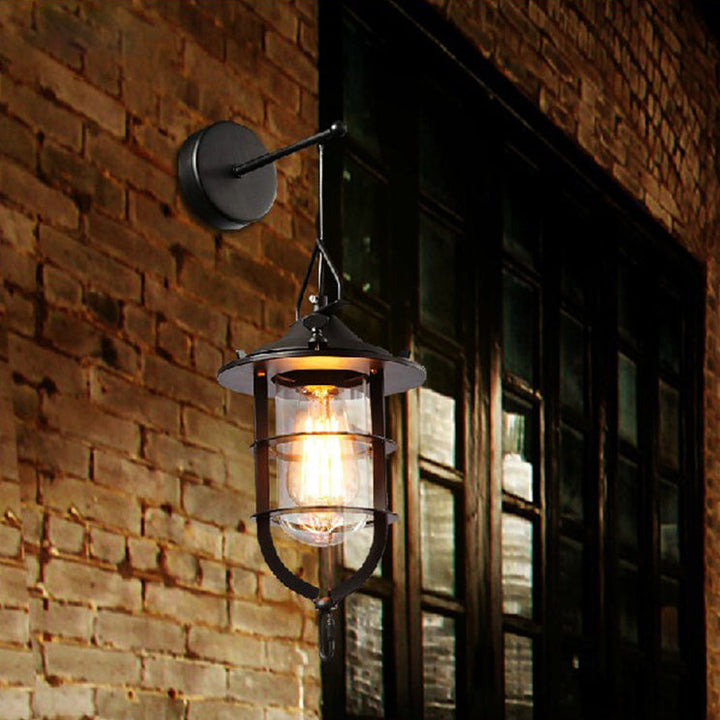 Lisslune | 1 Bulb Cage Wall-Mounted Light Fixture Industrial Black Clear Glass Lighting for Porch