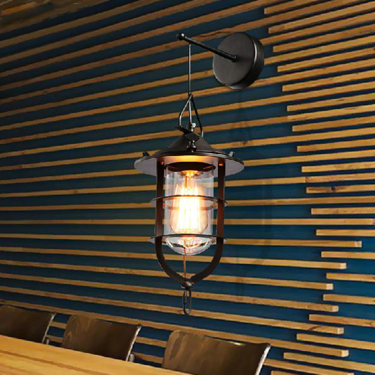 Lisslune | 1 Bulb Cage Wall-Mounted Light Fixture Industrial Black Clear Glass Lighting for Porch