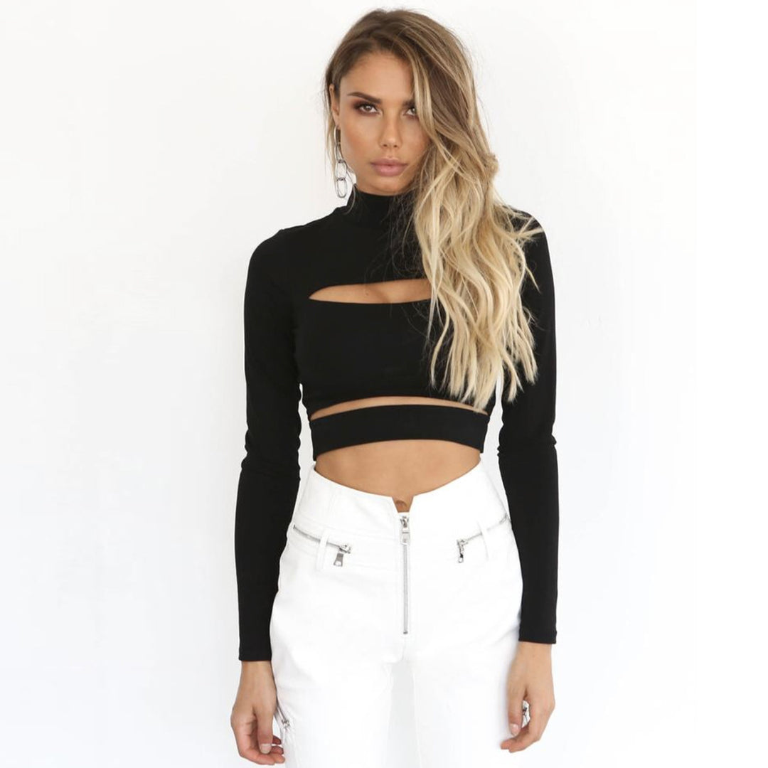 Damen Crop Top mit hochgeschlossenem Kragen und Cut-Outs Lisslune