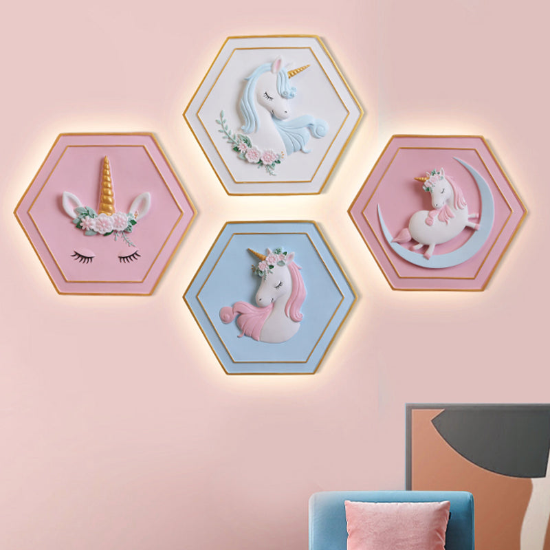 Skørter | Pink Unicorn Sconce Lighting with Hexagon Design Cartoon LED Resin Pull Chain Wall Lamp
