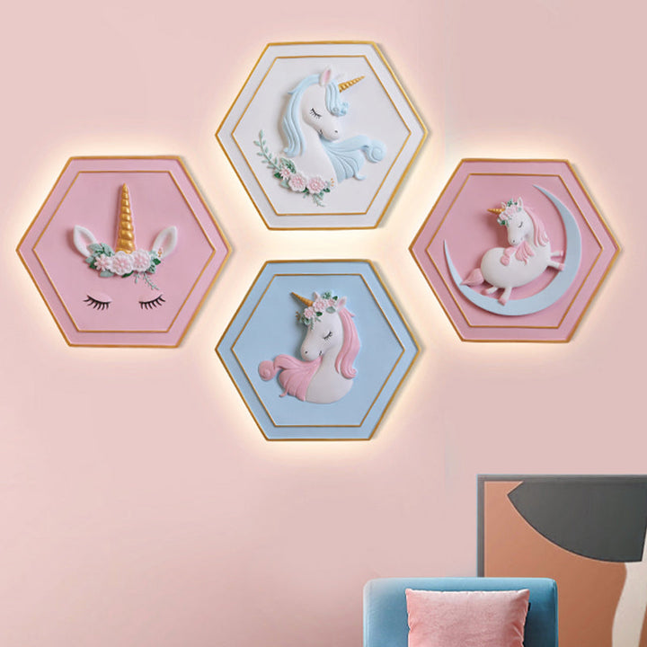 Skørter | Pink Unicorn Sconce Lighting with Hexagon Design Cartoon LED Resin Pull Chain Wall Lamp