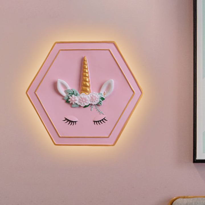 Skørter | Pink Unicorn Sconce Lighting with Hexagon Design Cartoon LED Resin Pull Chain Wall Lamp