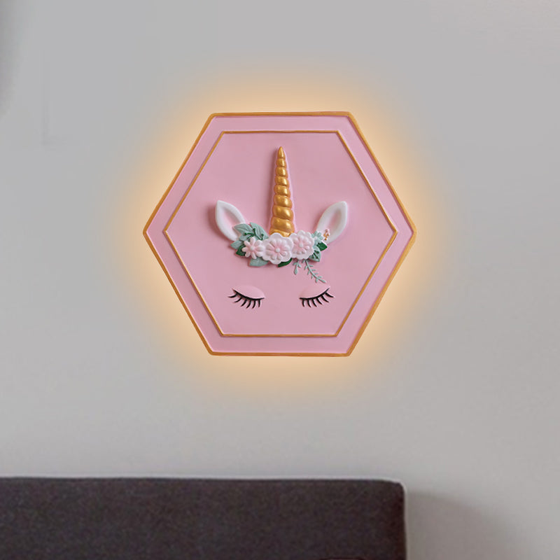 Skørter | Pink Unicorn Sconce Lighting with Hexagon Design Cartoon LED Resin Pull Chain Wall Lamp