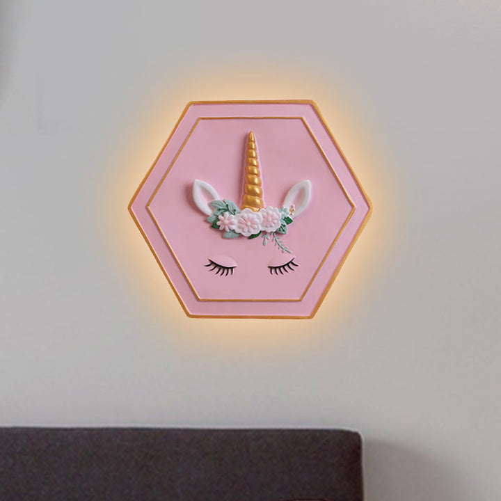 Skørter | Pink Unicorn Sconce Lighting with Hexagon Design Cartoon LED Resin Pull Chain Wall Lamp