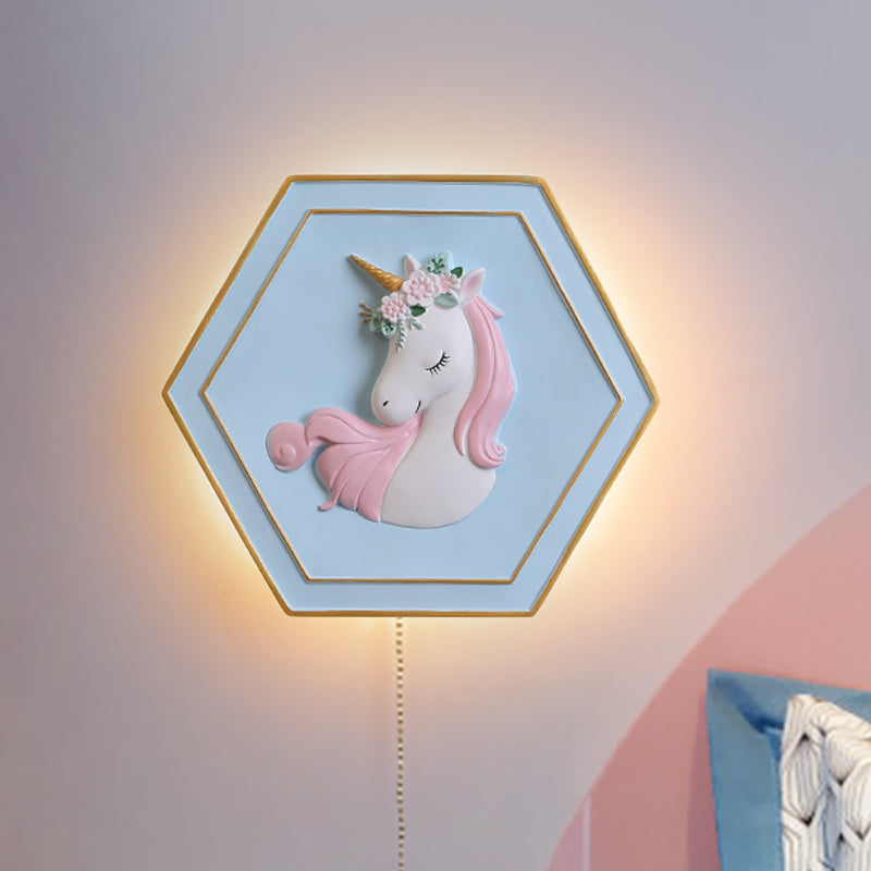 Skørter | Pink Unicorn Sconce Lighting with Hexagon Design Cartoon LED Resin Pull Chain Wall Lamp