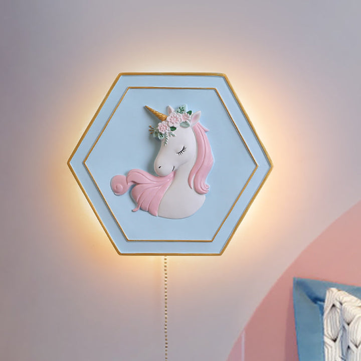 Skørter | Pink Unicorn Sconce Lighting with Hexagon Design Cartoon LED Resin Pull Chain Wall Lamp