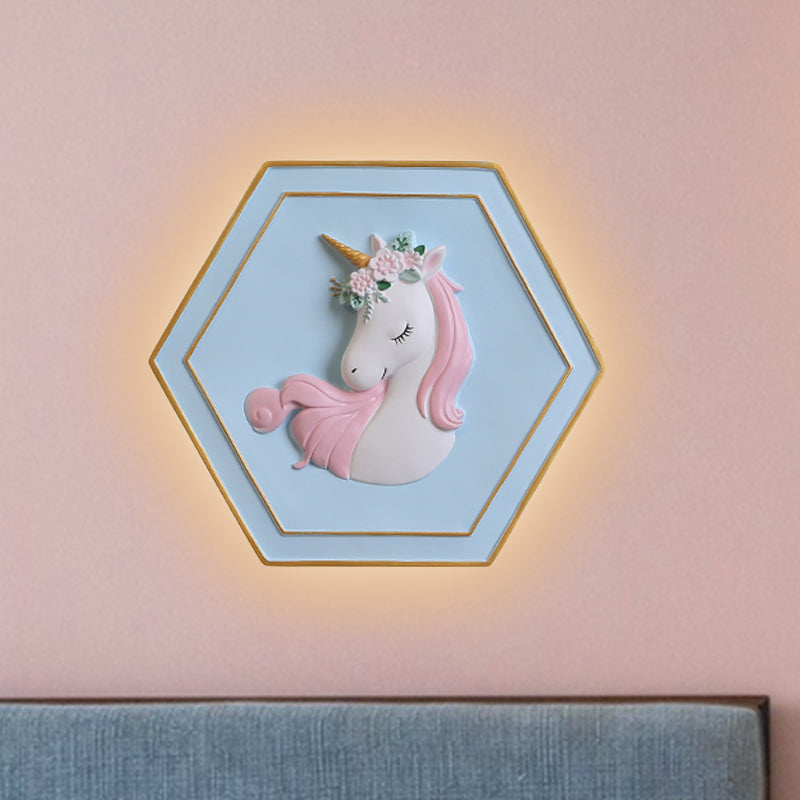 Skørter | Pink Unicorn Sconce Lighting with Hexagon Design Cartoon LED Resin Pull Chain Wall Lamp