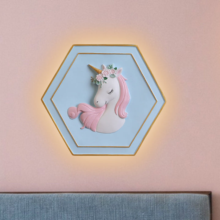 Skørter | Pink Unicorn Sconce Lighting with Hexagon Design Cartoon LED Resin Pull Chain Wall Lamp