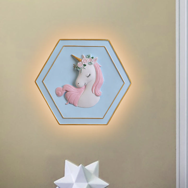 Skørter | Pink Unicorn Sconce Lighting with Hexagon Design Cartoon LED Resin Pull Chain Wall Lamp