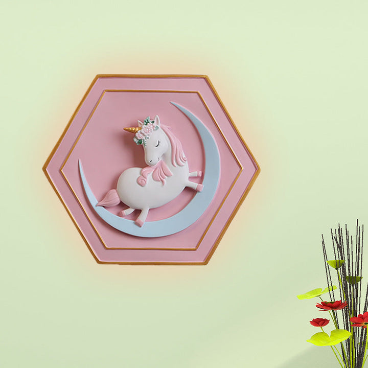 Skørter | Pink Unicorn Sconce Lighting with Hexagon Design Cartoon LED Resin Pull Chain Wall Lamp