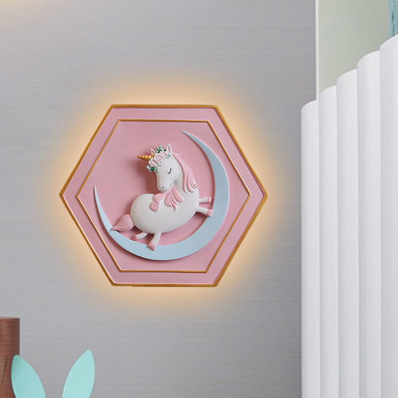 Skørter | Pink Unicorn Sconce Lighting with Hexagon Design Cartoon LED Resin Pull Chain Wall Lamp