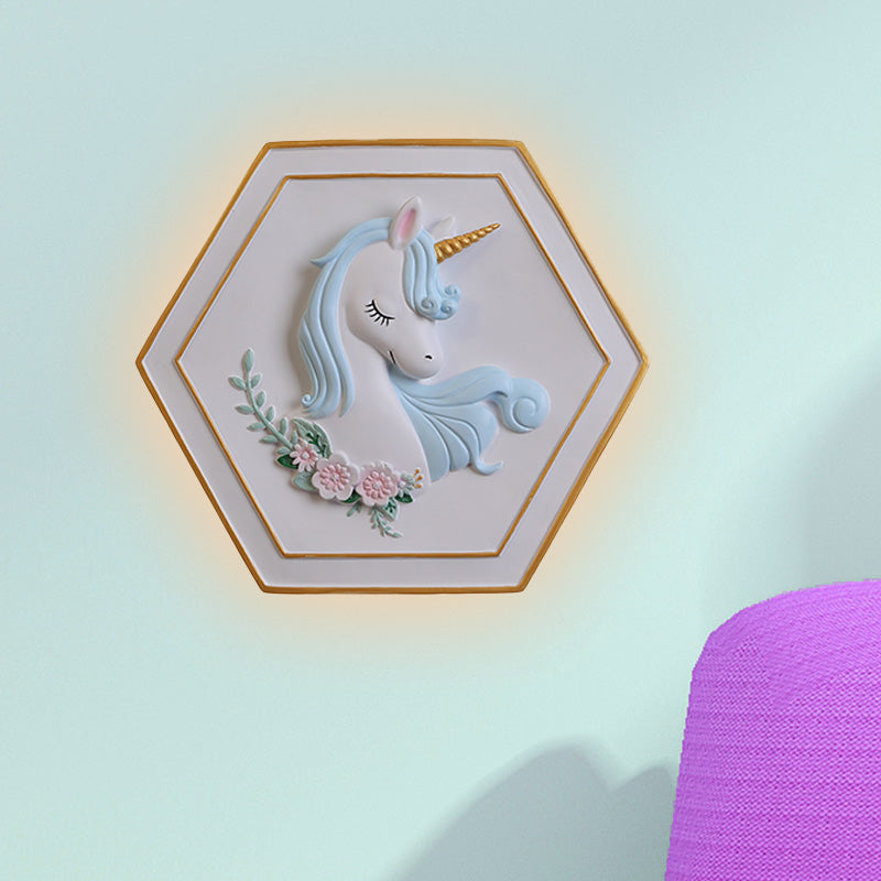 Skørter | Pink Unicorn Sconce Lighting with Hexagon Design Cartoon LED Resin Pull Chain Wall Lamp