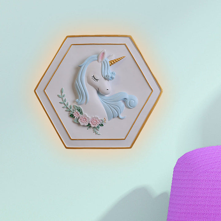Skørter | Pink Unicorn Sconce Lighting with Hexagon Design Cartoon LED Resin Pull Chain Wall Lamp