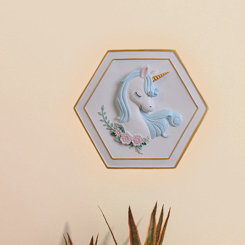 Skørter | Pink Unicorn Sconce Lighting with Hexagon Design Cartoon LED Resin Pull Chain Wall Lamp