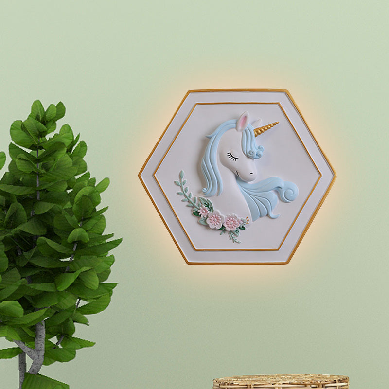 Skørter | Pink Unicorn Sconce Lighting with Hexagon Design Cartoon LED Resin Pull Chain Wall Lamp