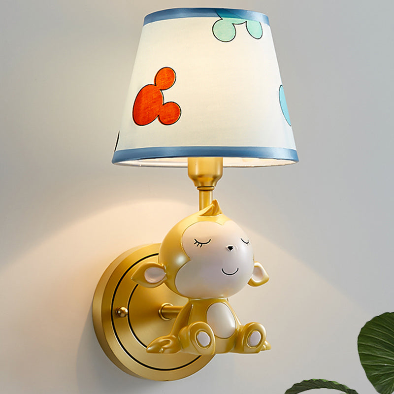 Skørter | Cartoon Monkey Wall Lamp Resin 1 Light Child Bedside Wall Light with Fabric Shades in Brass