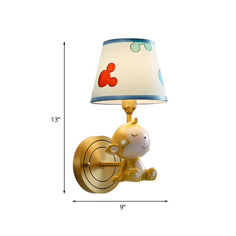 Skørter | Cartoon Monkey Wall Lamp Resin 1 Light Child Bedside Wall Light with Fabric Shades in Brass