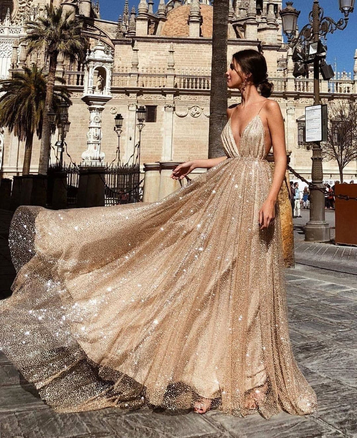 Ladies Glamorous Evening Dress with Deep V-Neck and Shining Sequins Lisslune