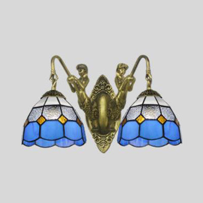 Lisslune | Blue Glass Antique Brass Wall Light Dome 2 Heads Mediterranean Wall Mount Light