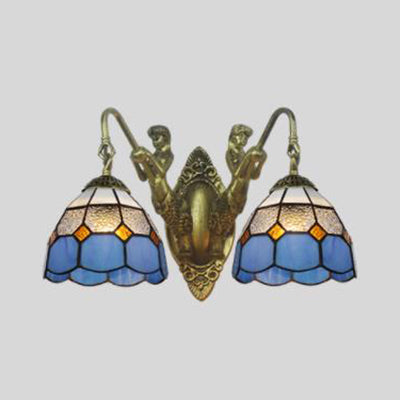 Lisslune | Blue Glass Antique Brass Wall Light Dome 2 Heads Mediterranean Wall Mount Light