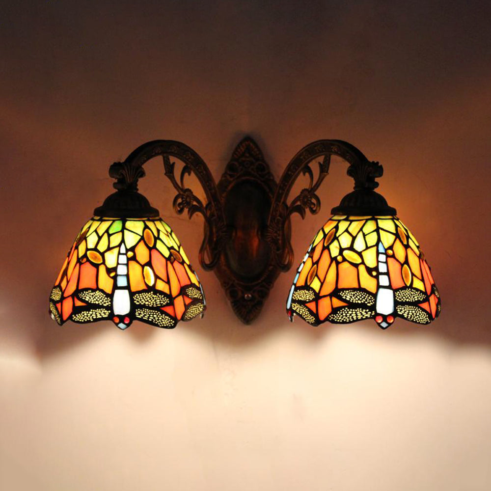 Lisslune | Rustic Loft Dragonfly Wall Lamp with Curved Arm Enamelled Glass Double Wall Lamp for Bedroom