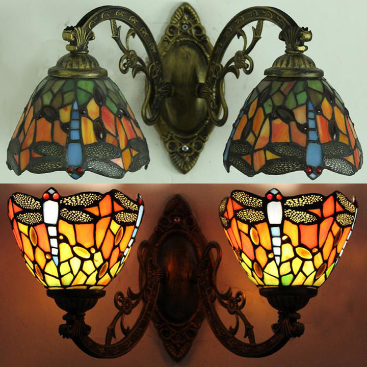 Lisslune | Rustic Loft Dragonfly Wall Lamp with Curved Arm Enamelled Glass Double Wall Lamp for Bedroom