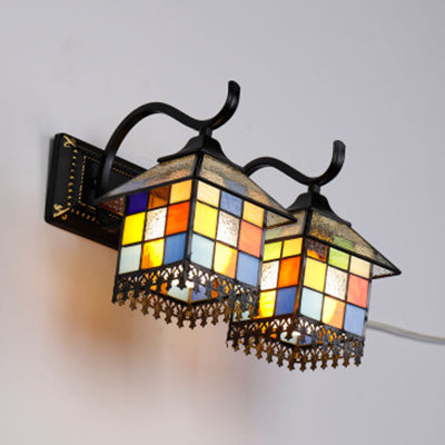 Lisslune | Multi Color House Wall Lamp with linear backplate Lodge glass and metal wall lamp in antique bronze