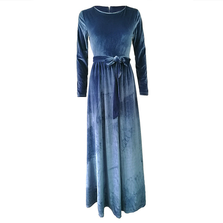 Women's elegant maxi dress made of soft velvet with waist belt Lisslune