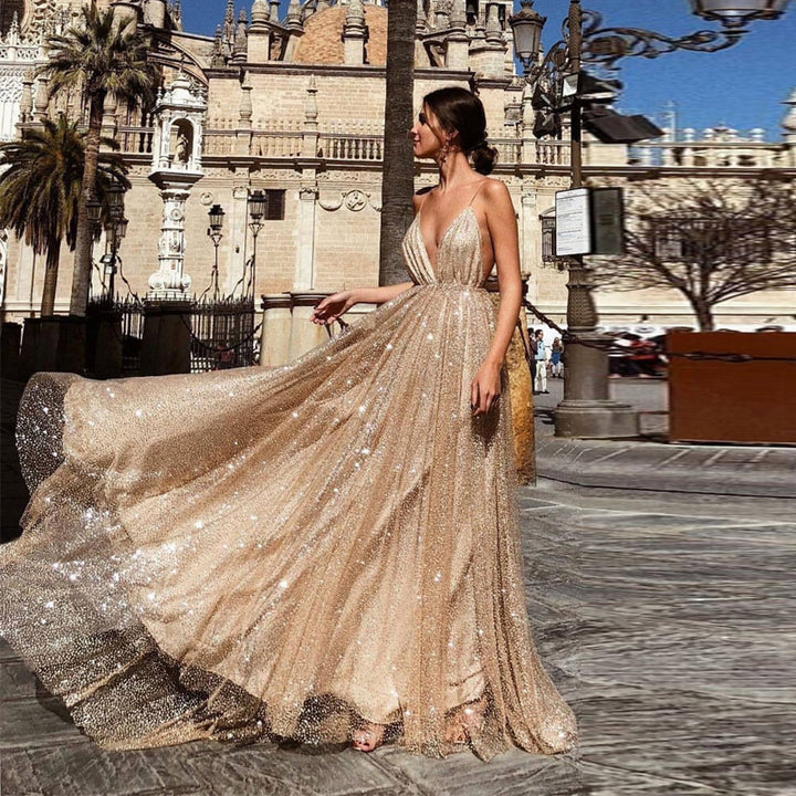 Ladies Glamorous Evening Dress with Deep V-Neck and Shining Sequins Lisslune