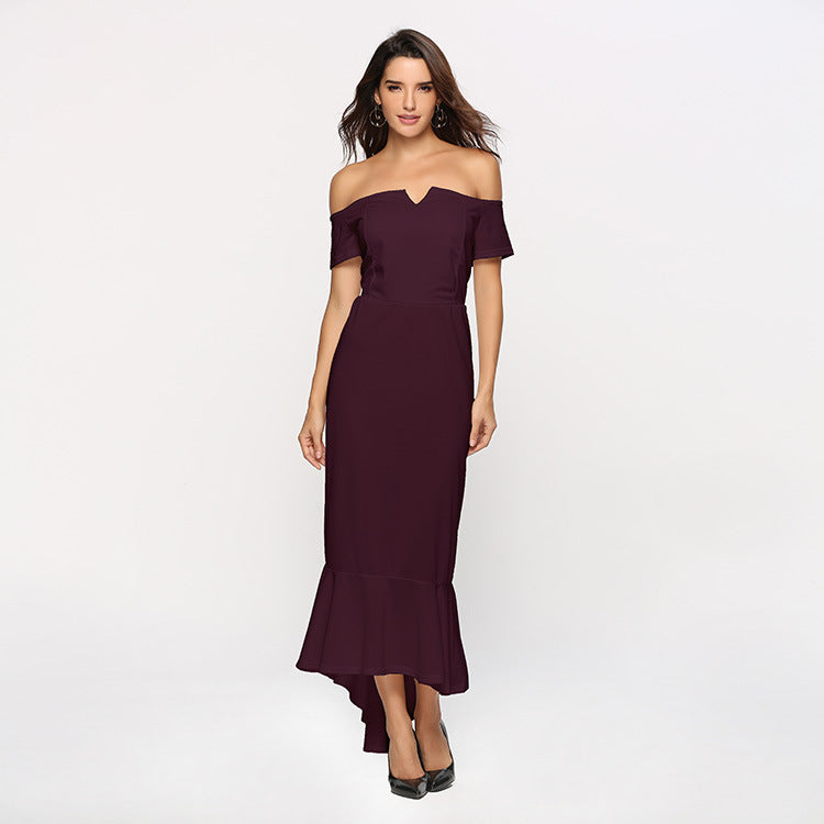 Women's Off-Shoulder Evening Dress with Elegant V-Neckline and Flowing Hem