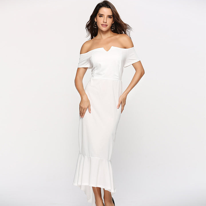 Women's Off-Shoulder Evening Dress with Elegant V-Neckline and Flowing Hem