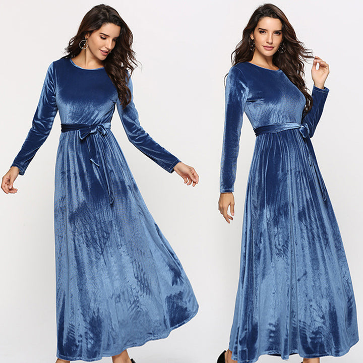 Women's elegant maxi dress made of soft velvet with waist belt Lisslune