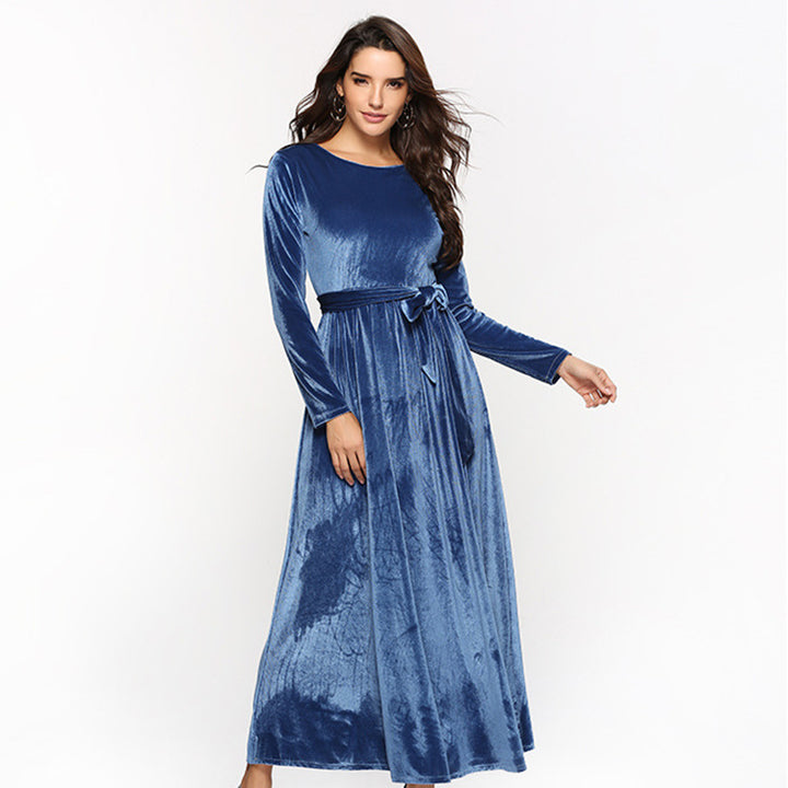 Women's elegant maxi dress made of soft velvet with waist belt Lisslune