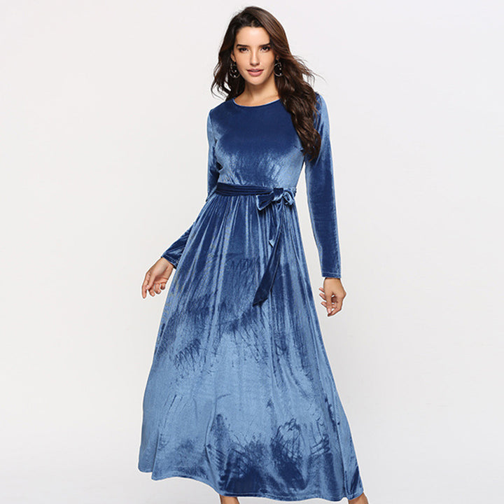 Women's elegant maxi dress made of soft velvet with waist belt Lisslune