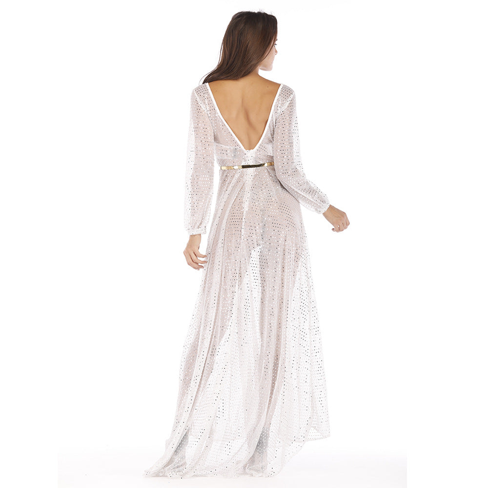 Women High-Quality Evening Dress with Sparkling Sequins and Transparent Fabric