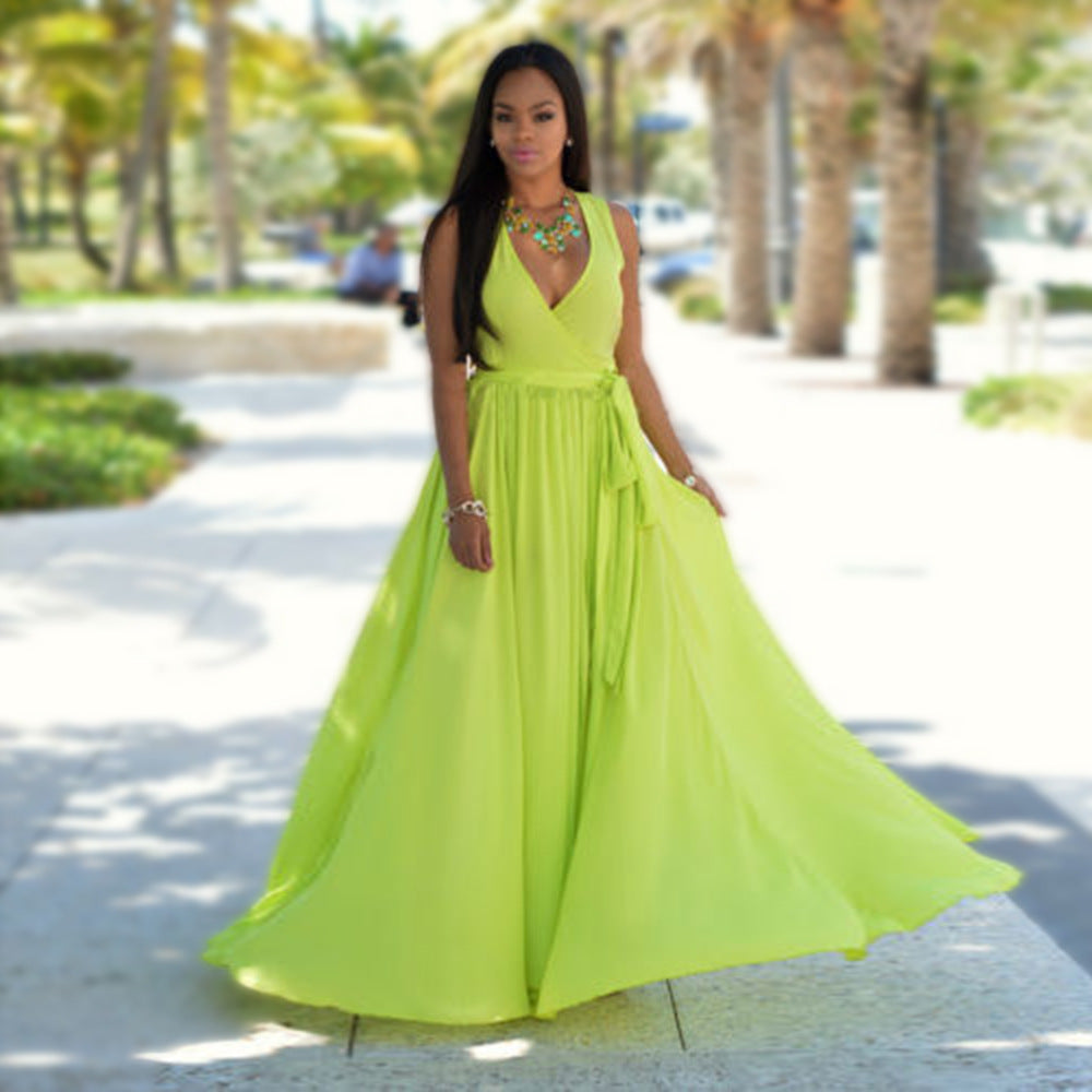 Women's maxi dress with deep V-neck and side slit
