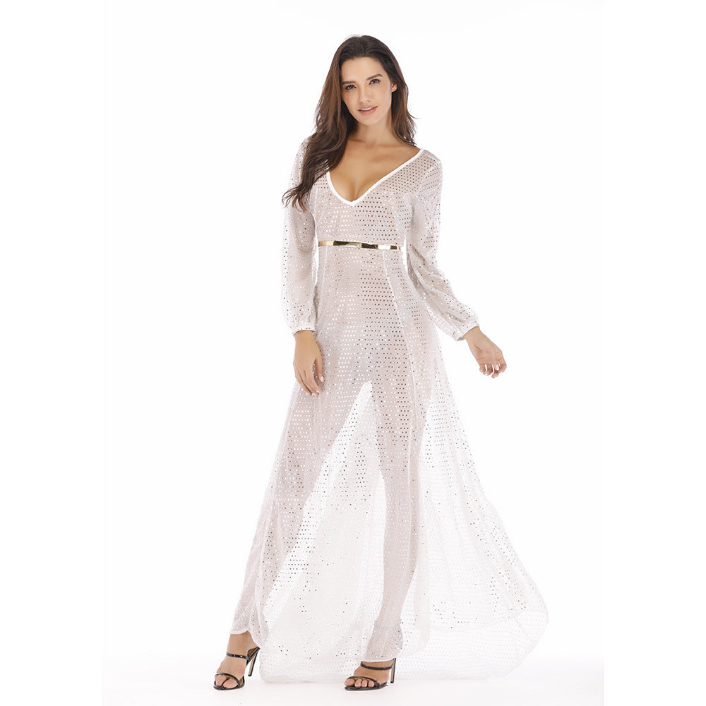 Women High-Quality Evening Dress with Sparkling Sequins and Transparent Fabric