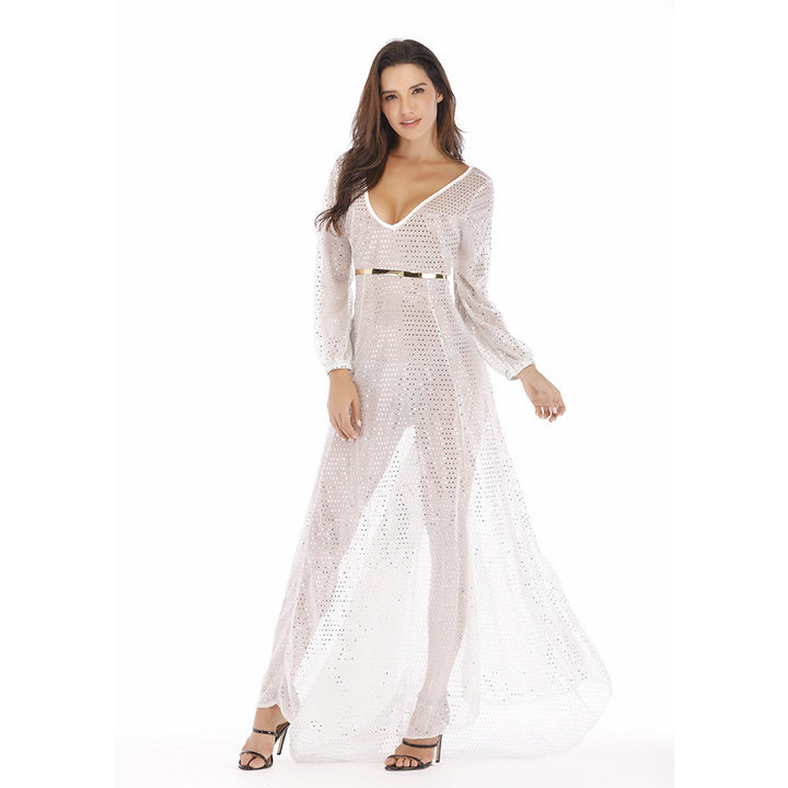 Women High-Quality Evening Dress with Sparkling Sequins and Transparent Fabric