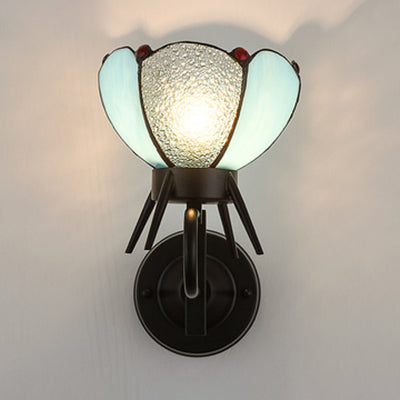 Lisslune | Petal Wall Lamp Light Blue Glass 1 Light Tiffany Wall Mount Light in Black Finish for Bedroom Bedside