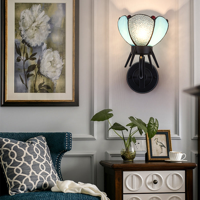 Lisslune | Petal Wall Lamp Light Blue Glass 1 Light Tiffany Wall Mount Light in Black Finish for Bedroom Bedside
